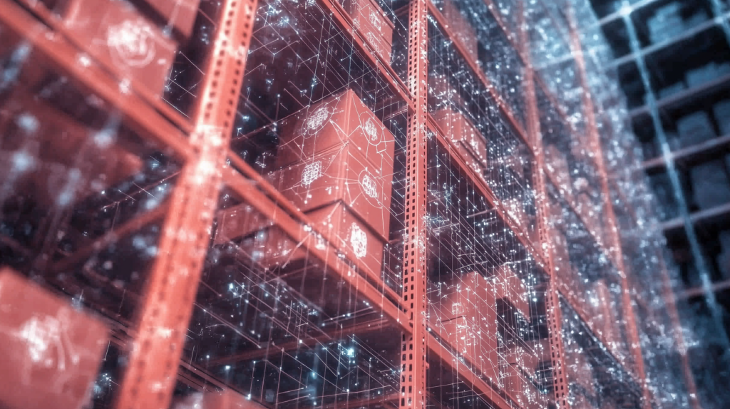 AI-Driven Predictive Analytics overlayed on warehouse racks