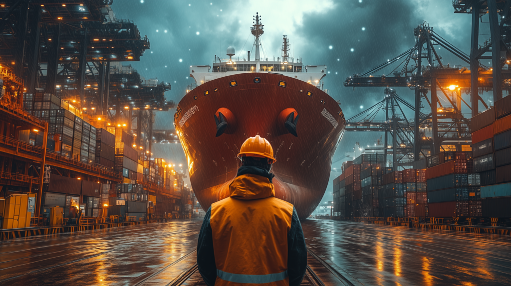 A man stands in front of a large shipping vessel at an international port with stormy skies overhead