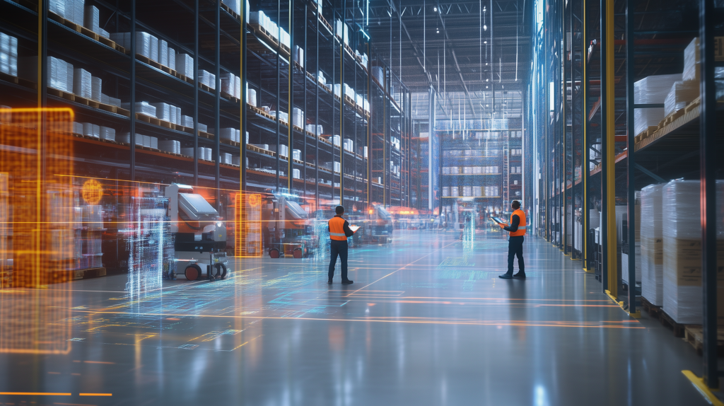 A large, modern warehouse interior featuring tall shelves stacked with uniformly wrapped goods. Two workers, wearing orange safety vests and holding tablets, are standing on the polished concrete floor, monitoring operations. Throughout the warehouse, semi-autonomous mobile robots are actively transporting packages. The scene is overlaid with glowing holographic projections of digital interfaces, data grids, and system schematics, creating the impression of a highly automated and digitally managed environment. The lighting is bright, and the atmosphere conveys efficiency, advanced logistics, and cutting-edge warehouse technology integration.