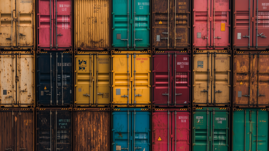 A tightly stacked wall of colorful shipping containers arranged in a grid pattern, featuring various hues such as yellow, red, teal, black, and rusted brown. The containers show signs of wear, rust, and industrial markings, evoking themes of global trade, logistics, and supply chain infrastructure.