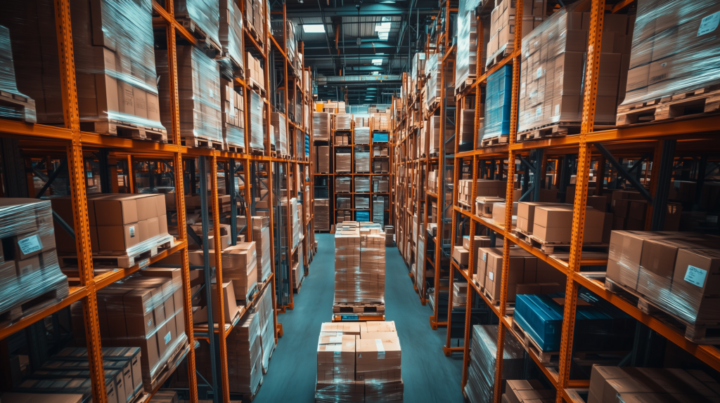 A high-density warehouse with tall industrial racking filled with uniformly stacked pallets and boxes. The aisles between the shelves are wide and orderly, suggesting an efficient storage layout. The warehouse is brightly lit from overhead fixtures and skylights, with packages wrapped in plastic film indicating recent activity and organized inventory, but the aisles are full suggesting the need to reroute warehouse labor.