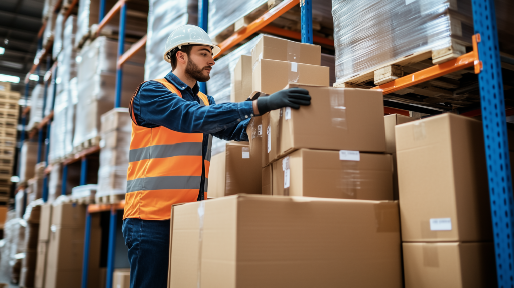 A warehouse worker wearing a white hard hat, orange reflective safety vest, and black gloves is stacking cardboard boxes on a pallet in a large storage facility. Tall industrial shelving units filled with packaged goods line the background, indicating a busy warehouse environment that needs to reroute warehouse labor.