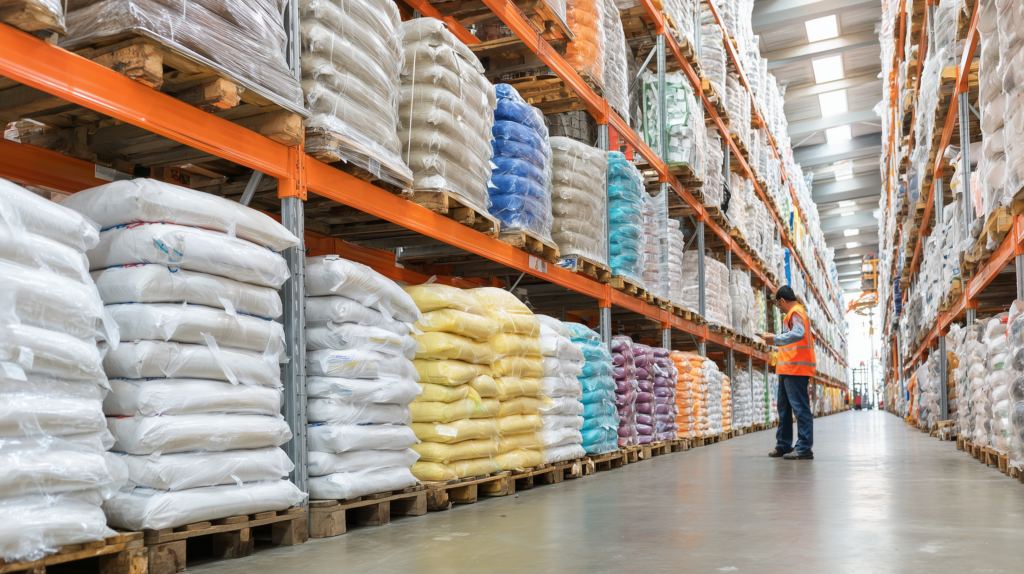 A worker in a high-visibility vest inspects inventory inside a brightly lit food distribution warehouse. Tall racks on both sides are stacked with large, color-coded bags of ingredients such as flour, sugar, and grains. The floor is clean and polished, and the warehouse is organized and spacious.