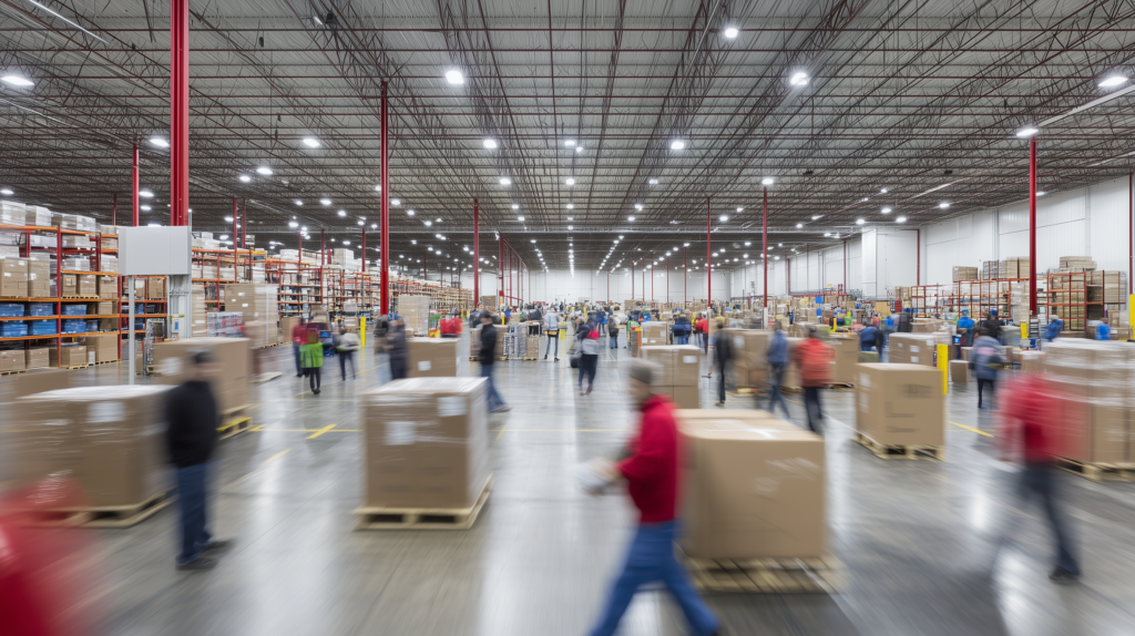 Large, busy warehouse interior filled with numerous workers actively moving pallets and boxes. The high-ceilinged space features tall industrial shelves stocked with inventory, red support columns, and bright overhead lighting. Motion blur captures the fast-paced, dynamic nature of warehouse operations.