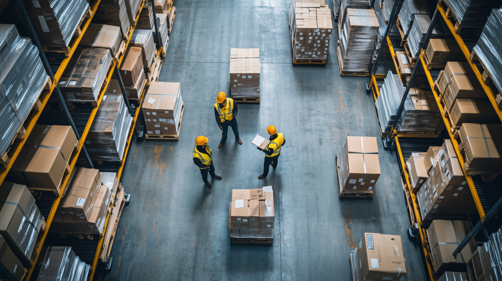 Top-down view of three warehouse workers wearing yellow safety vests and hard hats standing between tall storage racks filled with shrink-wrapped pallets and cardboard boxes. One worker holds a clipboard while they discuss logistics or inventory tasks in a clean, organized industrial setting.
