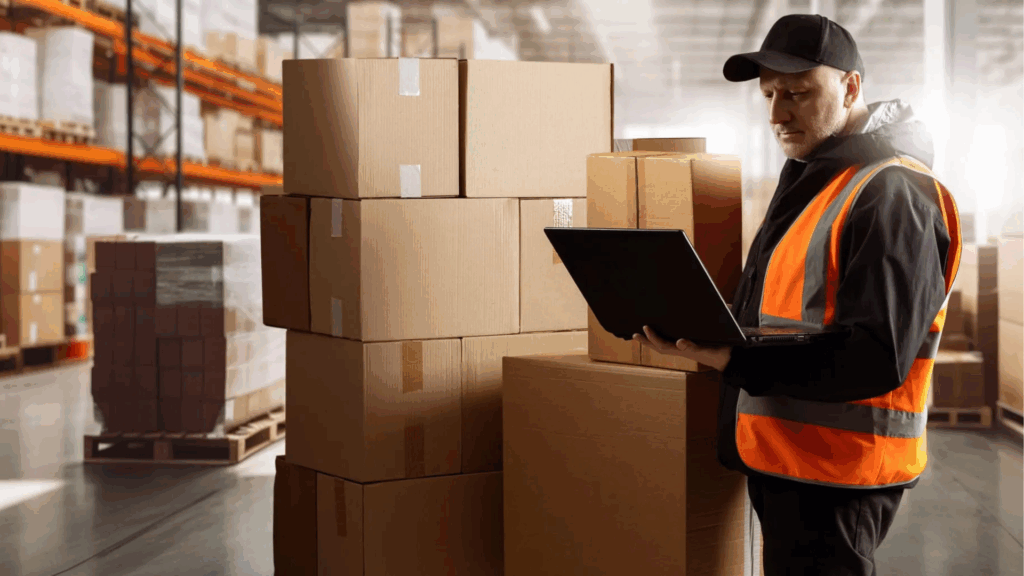 Warehouse worker using a laptop to manage electronic bills of lading (eBOL) and shipment data, demonstrating digital logistics and paperless freight management.