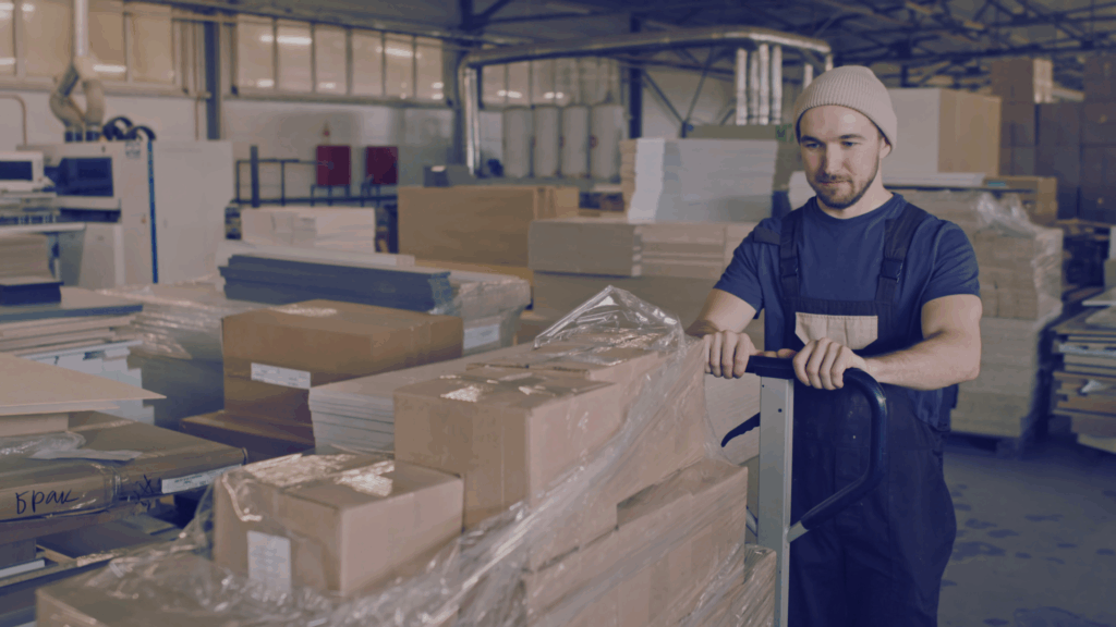 Warehouse associate moving palletized inventory, illustrating labor productivity in warehousing and the impact of efficient labor standards.
