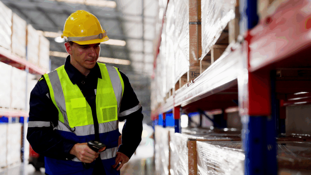 Warehouse associate using WMS data on a tablet to track inventory movement and task execution