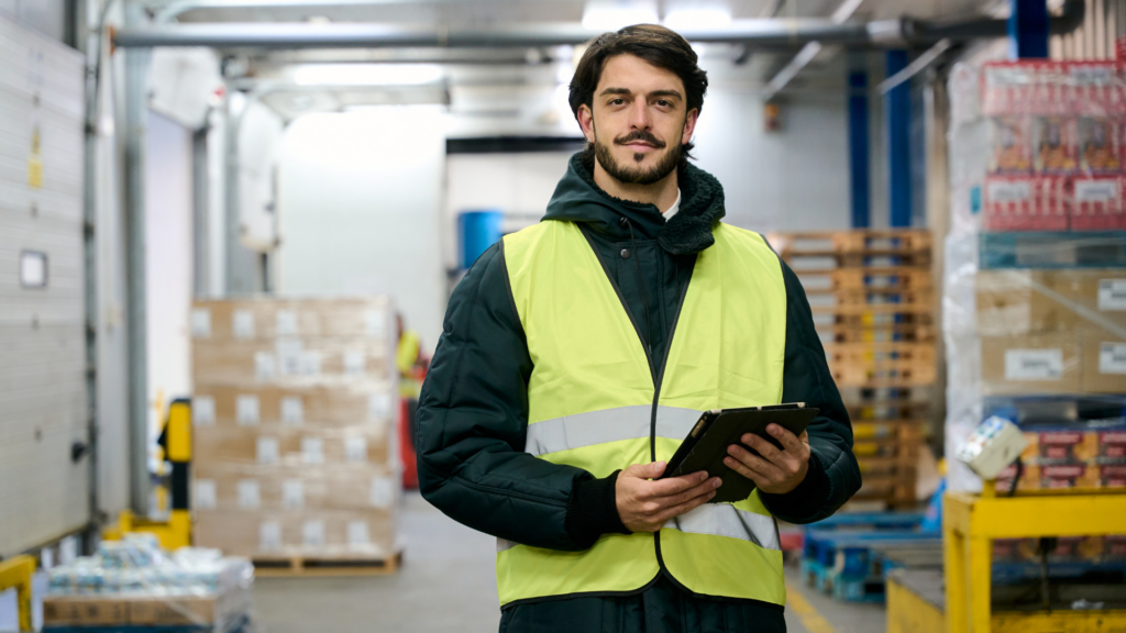 Warehouse manager using warehouse visibility software on a tablet to monitor real-time inventory accuracy and labor productivity