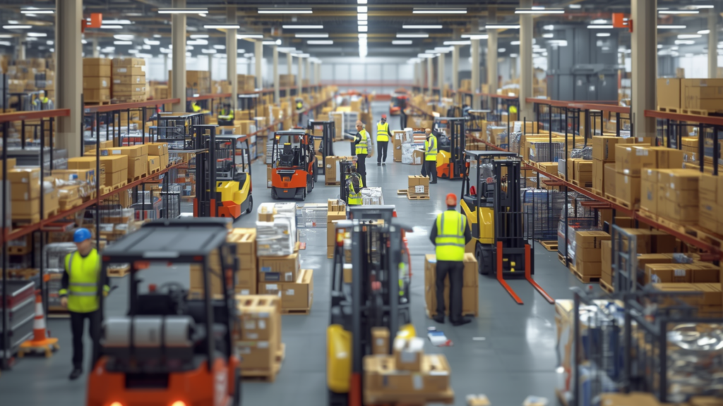 Busy distribution center with forklifts and workers, illustrating operational complexity and signs it's time to replace a warehouse management system (WMS)