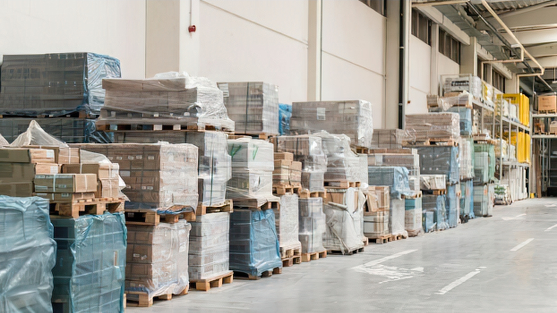Pallets of wrapped inventory staged in a warehouse distribution aisle, representing operational complexity in warehouse management