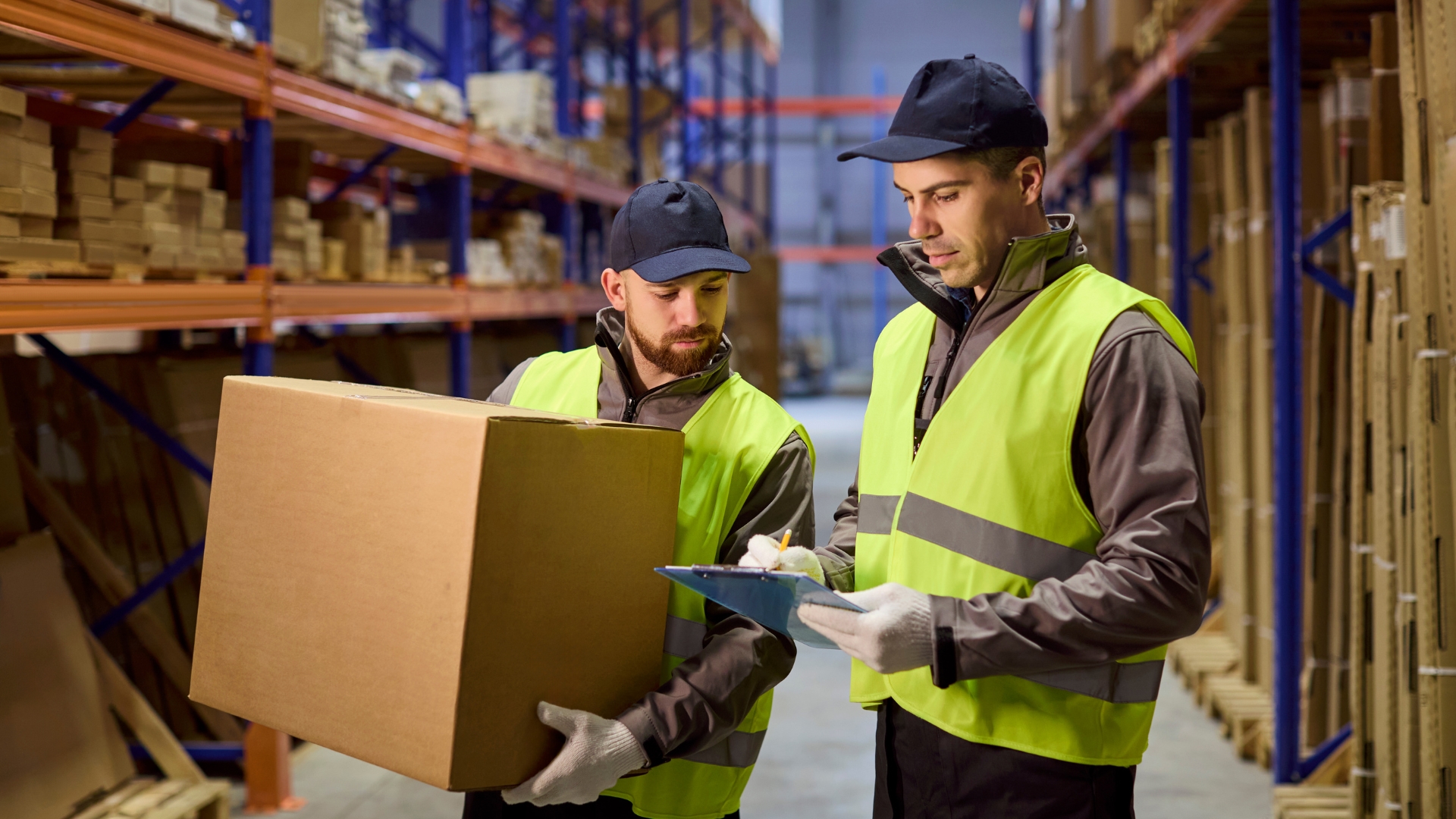Two warehouse workers manually reviewing a shipment on the floor, representing the in-shift labor management decisions that agentic AI warehouse orchestration is designed to replace