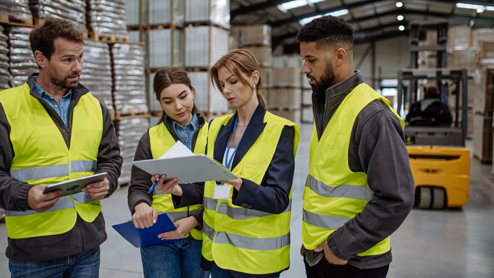 Warehouse operations team reviewing intraday performance data on a tablet and clipboard during a mid-shift discussion on the DC floor