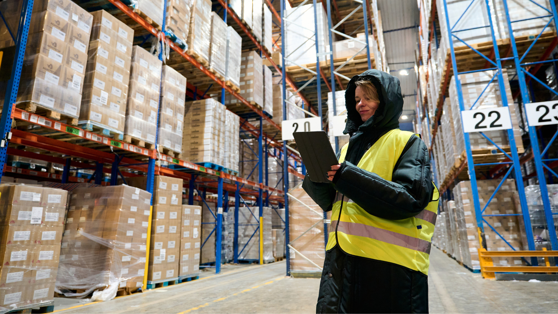 Warehouse worker in cold-weather gear checking inventory on a tablet in a cold storage freezer aisle