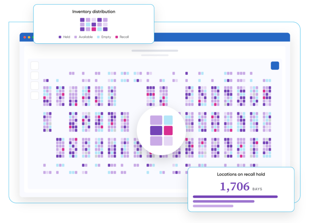 Zoomed-in view of a Rebus warehouse inventory distribution map showing individual storage locations tracked for recall management