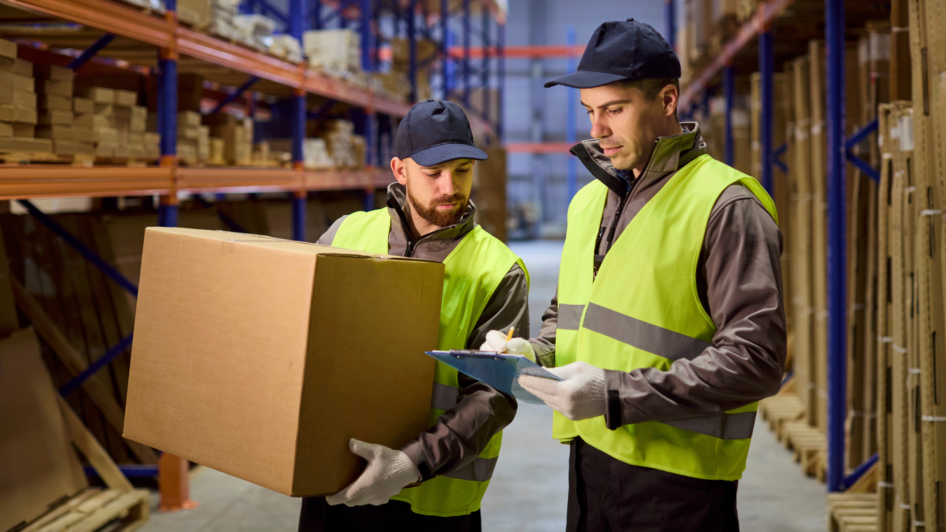 Two warehouse workers reviewing inventory on a clipboard, illustrating labor management on the floor