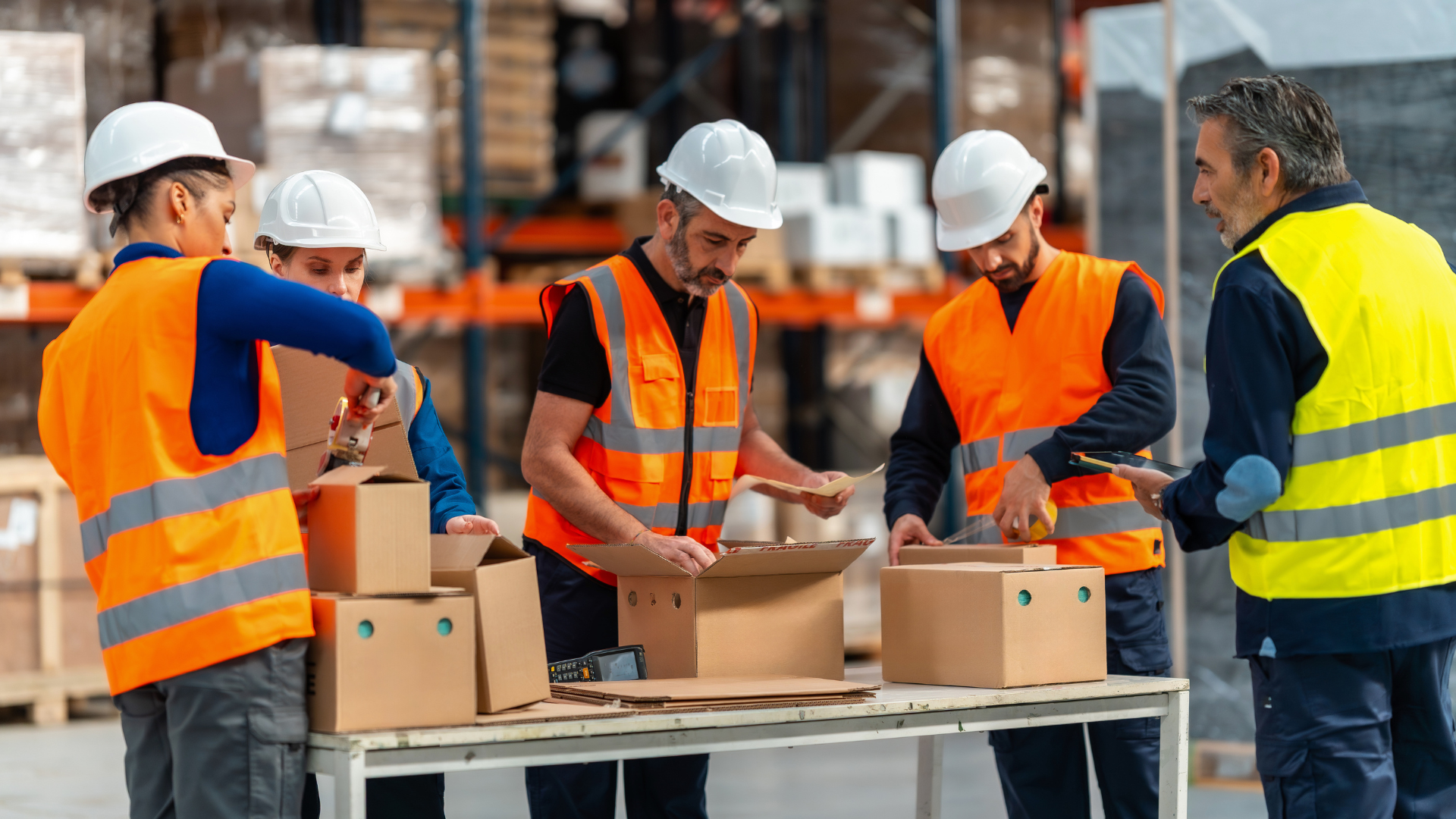 3PL labor management crew assembling and taping multi-client shipment boxes