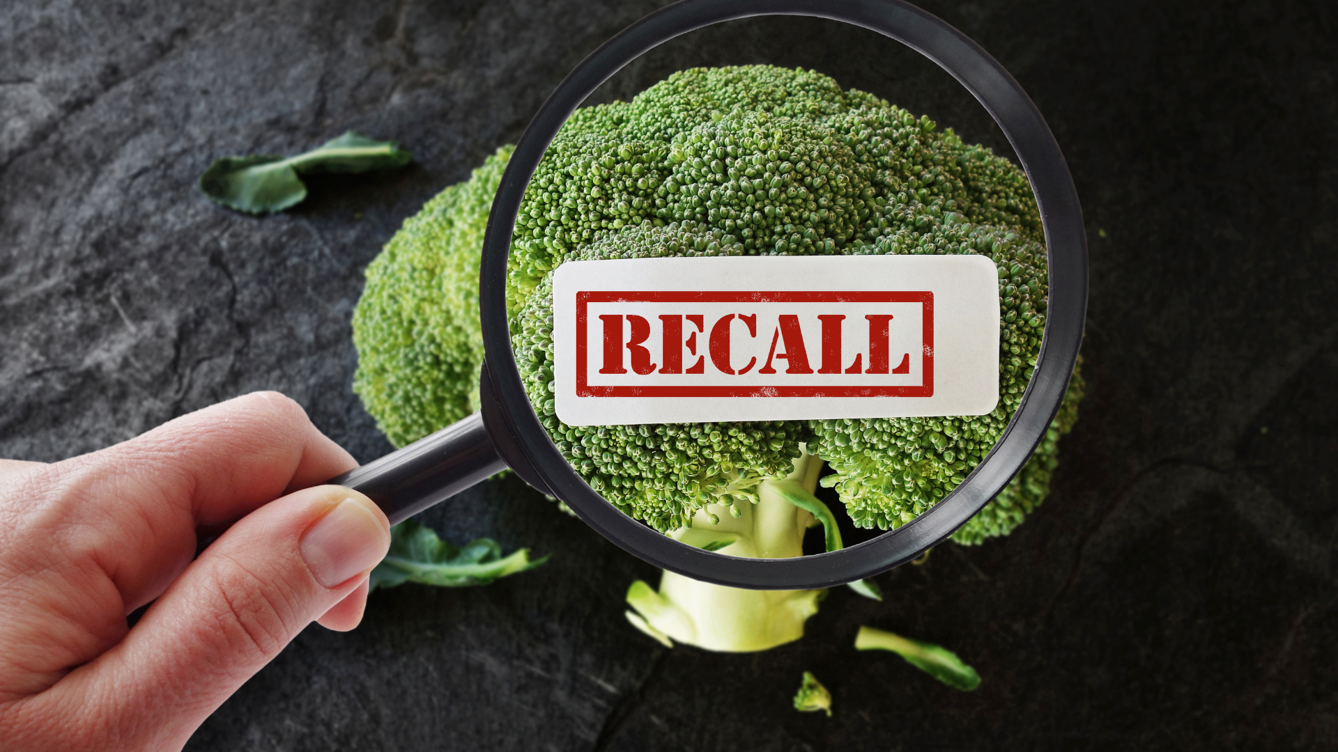 Magnifying glass over broccoli marked "recall," showing why recall readiness matters for food safety compliance.