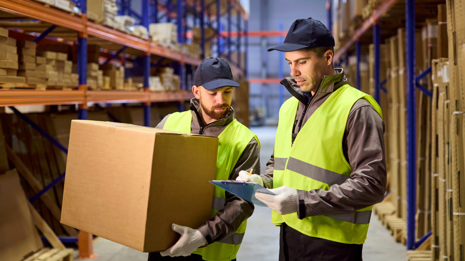 Two warehouse workers checking a box against a clipboard, a routine warehouse labor management task